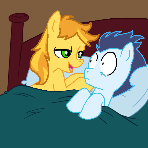 Size: 500x500 | Tagged: safe, artist:jcking101, artist:madmax, derpibooru import, edit, braeburn, soarin', pony, bed, gay, implied sex, male, pillow, shipping, soarburn, surprised, wide eyes