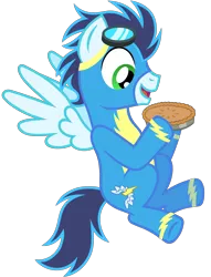 Size: 2200x2880 | Tagged: artist:wildtiel, badge, clothes, derpibooru import, flying, food, pie, safe, simple background, soarin', solo, that pony sure does love pies, transparent background, uniform, wonderbolts uniform