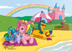 Size: 1169x827 | Tagged: artist:solkatt, beach, derpibooru import, dream castle, g1, good weather, little giggles, parasol (g1), rainbow, safe, splosh, umbrella