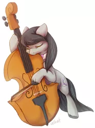 Size: 565x758 | Tagged: artist:vellaart, bow (instrument), bowtie, derpibooru import, double bass, eyes closed, musical instrument, octavia melody, performance, playing, safe, simple background, solo, unshorn fetlocks, white background