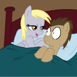 Size: 500x500 | Tagged: safe, artist:jcking101, artist:madmax, derpibooru import, edit, derpy hooves, doctor whooves, time turner, pegasus, pony, aftersex ponies, and that's how dinky hooves was made, bed, doctorderpy, female, implied sex, male, mare, morning after, pillow, shipping, straight, surprised, wide eyes