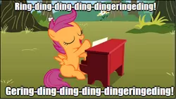 Size: 403x228 | Tagged: caption, derpibooru import, image macro, musical instrument, piano, safe, scootaloo, solo, text, the fox, what does the fox say?, ylvis