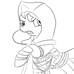 Size: 1200x1200 | Tagged: safe, artist:lisa400, derpibooru import, sunset shimmer, pony, altair ibn la-ahad, angry, assassin, assassin's creed, female, lineart, mare, monochrome, solo, sword, weapon, wip
