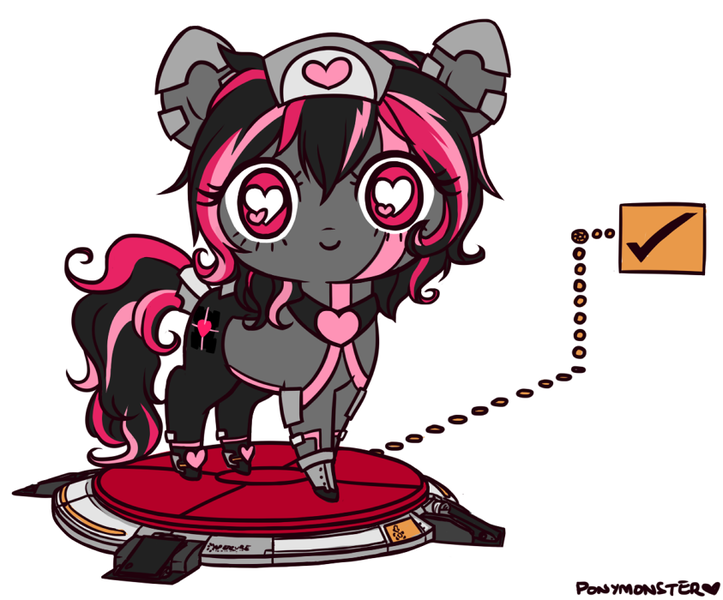 Size: 843x700 | Tagged: safe, artist:ponymonster, derpibooru import, ponified, earth pony, pony, chibi, companion cube, portal (valve), solo