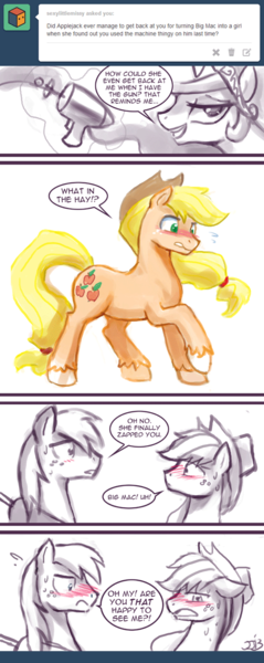 Size: 550x1383 | Tagged: dead source, suggestive, artist:johnjoseco, derpibooru import, applejack, big macintosh, princess celestia, alicorn, pony, ask gaming princess luna, ask princess molestia, princess molestia, applejack (male), blushing, comic, gay, image, implied incest, male, png, rule 63