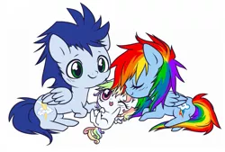 Size: 767x517 | Tagged: safe, artist:ponymonster, derpibooru import, rainbow dash, soarin', oc, oc:white whirl, pegasus, pony, female, male, offspring, parent:rainbow dash, parent:soarin', parents:soarindash, shipping, simple background, soarindash, straight