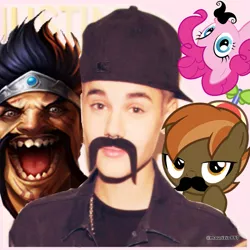 Size: 1503x1500 | Tagged: button mash, button 'stache, derpibooru import, drama bait, draven, facial hair, human, irl, irl human, justin bieber, league of legends, moustache, photo, pinkie pie, safe