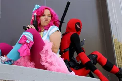 Size: 1068x712 | Tagged: artist:chronocrusader5, clothes, cosplay, costume, crossover shipping, deadpool, derpibooru import, female, human, irl, irl human, male, photo, pinkie pie, pinkiepool (pairing), safe, straight