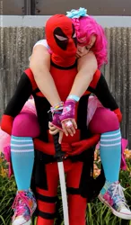 Size: 423x725 | Tagged: artist:chronocrusader5, carrying, clothes, cosplay, costume, crossover, crossover shipping, deadpool, derpibooru import, female, human, irl, irl human, male, photo, piggyback ride, pinkie pie, pinkiepool (pairing), safe, straight, sword, weapon
