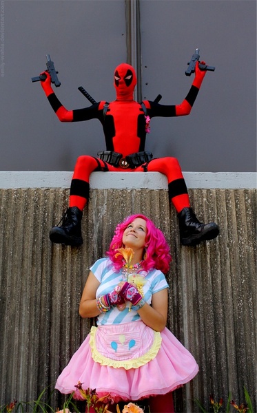 Size: 531x854 | Tagged: artist:chronocrusader5, clothes, cosplay, costume, crossover shipping, deadpool, derpibooru import, female, gun, human, irl, irl human, male, no trigger discipline, photo, pinkie pie, pinkiepool (pairing), safe, straight, uzi, weapon