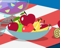 Size: 667x540 | Tagged: animated, apple, banana, biting, cropped, cute, derpibooru import, edit, edited screencap, food, fruit, fruit punch, mouth hold, nom, open mouth, owl's well that ends well, picnic, punch bowl, punch (drink), rainbow dash, reversed, safe, screencap, smiling, solo