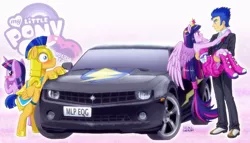 Size: 981x560 | Tagged: safe, artist:uotapo, derpibooru import, flash sentry, twilight sparkle, twilight sparkle (alicorn), alicorn, pegasus, pony, equestria girls, equestria girls (movie), big crown thingy, blushing, boots, car, carrying, chevrolet, chevrolet camaro, clothes, crown, dress, element of magic, equestria girls logo, female, flash sentry's car, flashlight, high heel boots, human ponidox, jewelry, male, mare, ponytail, regalia, self ponidox, shipping, shoes, sneakers, square crossover, stallion, straight, tuxedo, twilight ball dress, twolight, wings