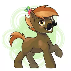 Size: 700x700 | Tagged: safe, artist:idrawweeklypony, derpibooru import, button mash, earth pony, pony, blank flank, button 'stache, colt, facial hair, foal, hat, hooves, male, moustache, propeller hat, raised hoof, smiling, solo, teeth