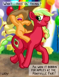 Size: 553x720 | Tagged: safe, artist:texasuberalles, derpibooru import, applejack, applejack (g3), earth pony, pony, applejack's hat, applejack's parents, cowboy hat, duo, fair, female, filly, filly applejack, g3, g3 to g4, generation leap, hat, hot minute, previous generation, younger