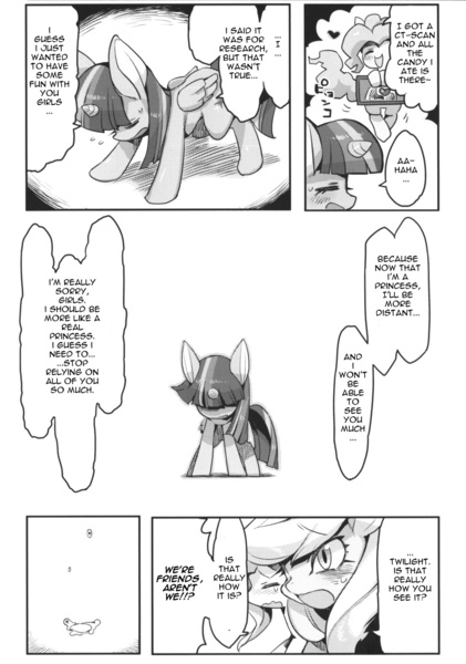 Size: 1036x1478 | Tagged: safe, artist:rikose, derpibooru import, applejack, fluttershy, pinkie pie, twilight sparkle, twilight sparkle (alicorn), alicorn, pony, comic, female, mare, monochrome, pngk poni-gaku!, traslation:atticon