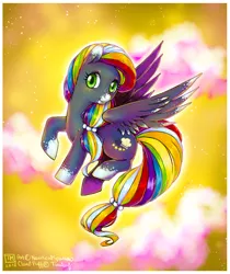 Size: 606x720 | Tagged: safe, artist:nauticalsparrow, derpibooru import, oc, oc:cloud puff, unofficial characters only, pegasus, pony, flying, offspring, parent:rainbow dash, parent:soarin', parents:soarindash, solo