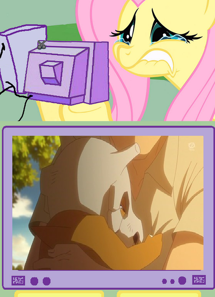 Size: 558x770 | Tagged: cubone, derpibooru import, exploitable meme, fluttershy, meme, obligatory pony, pokémon, pokemon: origins, sad, safe, tv meme