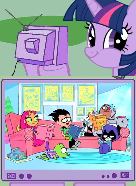 Size: 563x771 | Tagged: beast boy, book, cyborg (teen titans), derpibooru import, exploitable meme, faic, meme, obligatory pony, raven (teen titans), robin, safe, smirk, starfire, teen titans go, tv meme, twiface, twilight sparkle, wrong neighborhood