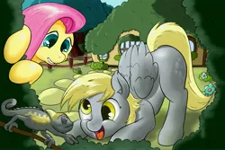 Size: 4500x3000 | Tagged: safe, artist:osakaoji, derpibooru import, derpy hooves, fluttershy, chameleon, pegasus, pony, animal, cute, female, fluttershy's cottage, mare, pet