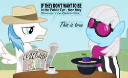 Size: 900x552 | Tagged: artist:equestria-election, blackletter, clothes, dead source, derpibooru import, dress, fedora, flashbulb, fluttershy, green isn't your color, hat, newspaper, photo finish, plum, safe, sunglasses, the simpsons, trixie