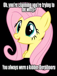 Size: 750x1000 | Tagged: caption, derpibooru import, fluttershy, harvester (game), image macro, meme, painfully condescending fluttershy, painfully innocent fluttershy, safe, text, you always were a kidder steve