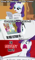 Size: 799x1353 | Tagged: safe, derpibooru import, edit, edited screencap, screencap, fluttershy, gilda, rarity, gryphon, griffon the brush off, caption, comic, gilda drama, i'll destroy her, image macro, newspaper, screencap comic, shock, shocked, text