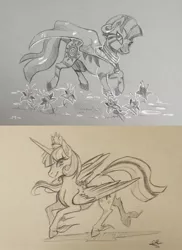 Size: 1000x1374 | Tagged: safe, artist:purplelemons, derpibooru import, twilight sparkle, twilight sparkle (alicorn), zecora, alicorn, pony, zebra, cloak, clothes, female, mare, monochrome, traditional art