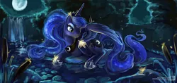 Size: 2124x1002 | Tagged: safe, artist:r0b0tassassin, derpibooru import, princess luna, alicorn, firefly (insect), insect, pony, beautiful, forest, lilypad, moon, pond, reed, side, solo, water, waterfall