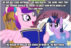 Size: 1024x683 | Tagged: safe, deleted from derpibooru, derpibooru import, princess cadance, twilight sparkle, alicorn, pony, unicorn, bed, bedtime story, book, cadance's bedtime stories, caption, conan the barbarian, duo, exploitable meme, female, filly, horn, image macro, looking up, meme, reading, text, wings, younger