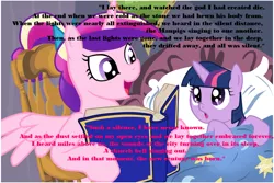 Size: 800x534 | Tagged: safe, deleted from derpibooru, derpibooru import, princess cadance, twilight sparkle, alicorn, pony, unicorn, amnesia, amnesia a machine for pigs, bedtime story, book, cadance's bedtime stories, duo, exploitable meme, looking up, meme, younger