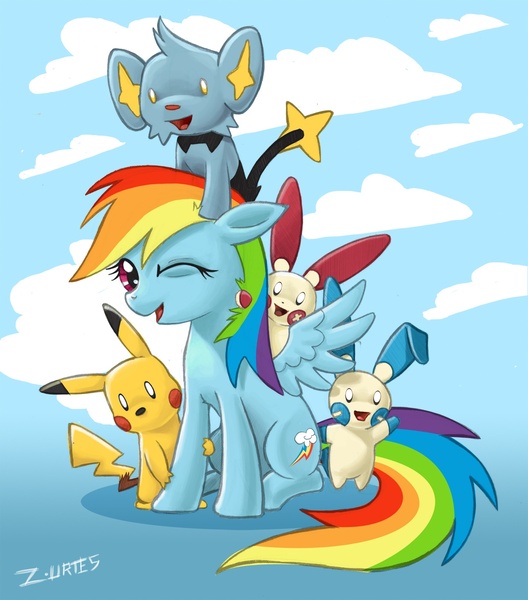 Size: 1500x1703 | Tagged: artist:cybertoaster, crossover, derpibooru import, minun, pikachu, plusle, pokémon, rainbow dash, safe, shinx