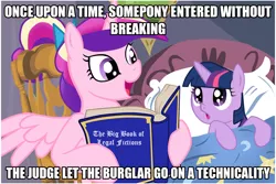 Size: 1024x683 | Tagged: safe, deleted from derpibooru, derpibooru import, princess cadance, twilight sparkle, alicorn, pony, unicorn, bedtime story, book, cadance's bedtime stories, duo, exploitable meme, joke, justice, law, looking up, meme, pun, younger