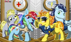 Size: 1896x1134 | Tagged: safe, artist:brodogz, derpibooru import, derpy hooves, rainbow dash, soarin', spitfire, pegasus, pony, a new dawn, clothes, commission, fanfic art, female, food, mare, muffin