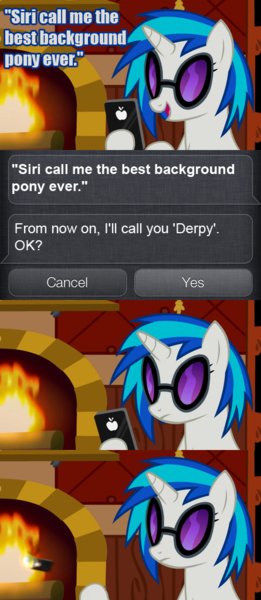 Size: 445x1024 | Tagged: safe, derpibooru import, derpy hooves, vinyl scratch, pegasus, pony, epic wub time, apple (company), best pony, burn, comic, female, fire, ios, iphone, mare, phone, siri, unamused