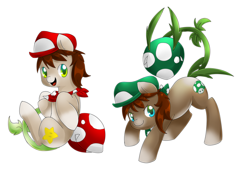 Size: 1585x1131 | Tagged: artist:pegasisters82, augmented tail, derpibooru import, luigi, mario, mario & luigi, monster pony, oc, oc:8-bit, oc:pixel, original species, piranha plant pony, plant, plant pony, safe, super mario bros., unofficial characters only