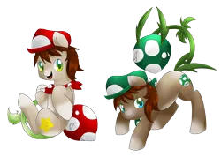 Size: 1585x1131 | Tagged: artist:pegasisters82, augmented tail, derpibooru import, luigi, mario, mario & luigi, monster pony, oc, oc:8-bit, oc:pixel, original species, piranha plant pony, plant, plant pony, safe, super mario bros., unofficial characters only