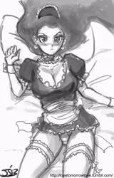 Size: 614x960 | Tagged: artist:johnjoseco, ask gaming princess luna, bed, big breasts, blushing, breasts, busty nightmare moon, cleavage, clothes, cuffs (clothes), derpibooru import, ear piercing, earring, female, grayscale, human, humanized, jewelry, maid, maidmare moon, monochrome, nightmare moon, panties, piercing, sexy, skirt, solo, solo female, stockings, stupid sexy nightmare moon, suggestive, thigh highs, underwear, upskirt