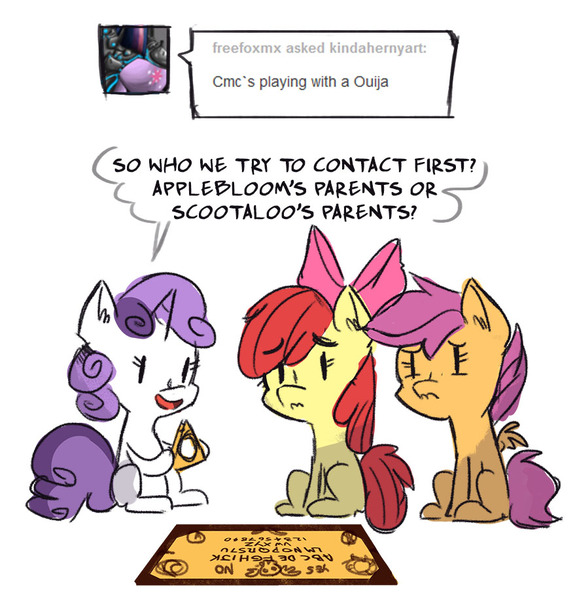 Size: 879x918 | Tagged: apple bloom, applejack's parents, artist:herny, ask, crossing the line twice, cutie mark crusaders, dark comedy, derpibooru import, half jossed, hilarious in hindsight, misspelling, orphan, ouija, savage, scootaloo, scootaloo's parents, semi-grimdark, sweetie belle, this will end in a possession, this will end in a possession and then an exorcism, this will end in death, this will end in tears, this will end in tears and/or death, this will end in tears and/or death and/or covered in tree sap, this will not end well, tree sap and pine needles, tumblr, we are going to hell