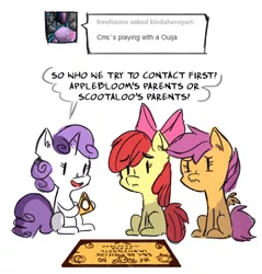 Size: 879x918 | Tagged: apple bloom, applejack's parents, artist:herny, ask, crossing the line twice, cutie mark crusaders, dark comedy, derpibooru import, half jossed, hilarious in hindsight, misspelling, orphan, ouija, savage, scootaloo, scootaloo's parents, semi-grimdark, sweetie belle, this will end in a possession, this will end in a possession and then an exorcism, this will end in death, this will end in tears, this will end in tears and/or death, this will end in tears and/or death and/or covered in tree sap, this will not end well, tree sap and pine needles, tumblr, we are going to hell