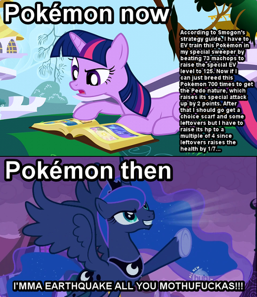 Size: 637x735 | Tagged: book, caption, comparison, crossover, derpibooru import, gamer luna, image macro, meme, metaphor, pokémon, princess luna, safe, text, twilight sparkle, vulgar