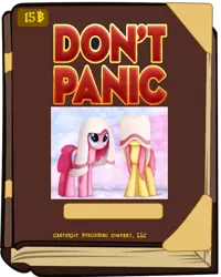 Size: 607x757 | Tagged: book cover meme, derpibooru import, don't panic, exploitable meme, fluttershy, hitchhiker's guide to the galaxy, meme, pinkie pie, safe, towel