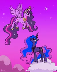 Size: 800x1000 | Tagged: safe, artist:pedantia, derpibooru import, princess luna, twilight sparkle, twilight sparkle (alicorn), alicorn, pony, cloud, female, flying, mare, sky, stars