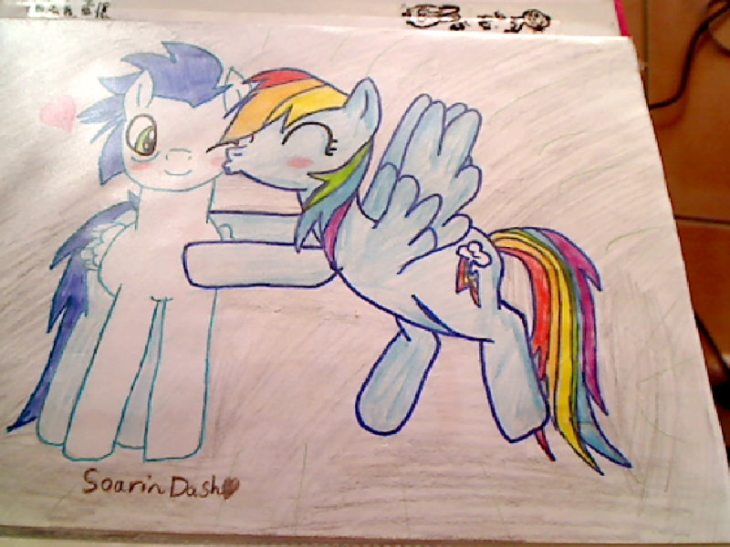 Size: 800x600 | Tagged: safe, artist:hamabeadsponies, derpibooru import, rainbow dash, soarin', blushing, female, heart, kiss on the cheek, kissing, male, photo, shipping, soarindash, straight, traditional art