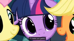 Size: 1023x576 | Tagged: applejack, caption, clover the clever, derpibooru import, edit, edited screencap, eye, eyes, fluttershy, gas, hearth's warming eve, hearth's warming eve (episode), implied farting, meme, private pansy, safe, screencap, smart cookie, twilight sparkle, youtube caption