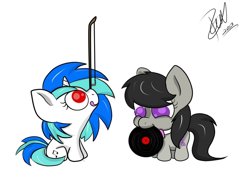 Size: 2563x1861 | Tagged: safe, artist:vet2b, derpibooru import, octavia melody, vinyl scratch, bow (instrument), chibi, cute, female, filly, mouth hold, record, tongue out, younger