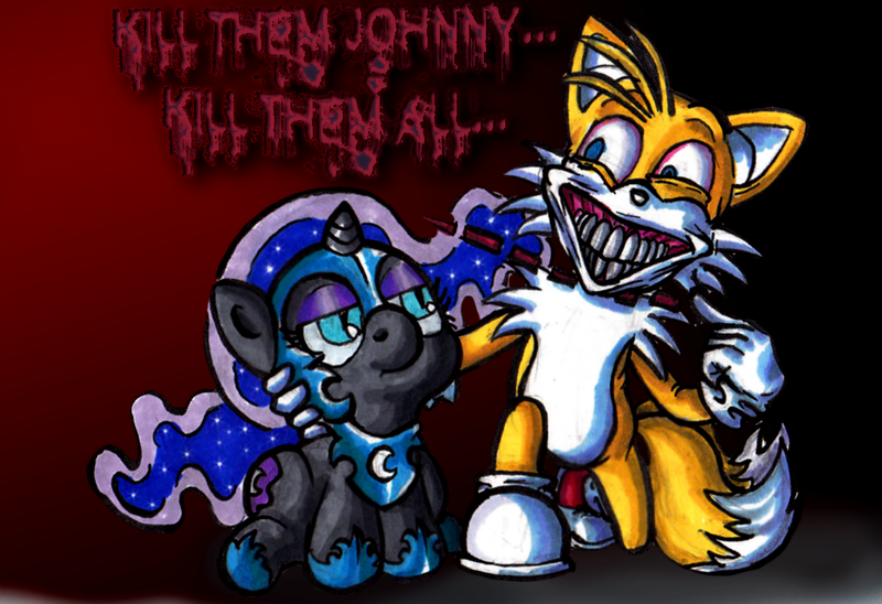 Size: 1145x784 | Tagged: artist:darkone10, crossover, cute, derpibooru import, female, filly, miles "tails" prower, nightmare moon, nightmare woon, semi-grimdark, sonic the hedgehog (series), wat