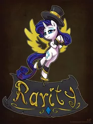 Size: 900x1200 | Tagged: safe, artist:kp-shadowsquirrel, derpibooru import, rarity, pony, bipedal, cuffs (clothes), dapper, hat, old banner, shading, solo, spats, top hat, wings