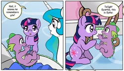 Size: 800x458 | Tagged: artist:muffinshire, baby, baby dragon, baby spike, comic:twilight's first day, derpibooru import, dragon, female, filly, filly twilight sparkle, male, muffinshire is trying to murder us, princess celestia, safe, spike, twilight sparkle, wip, younger