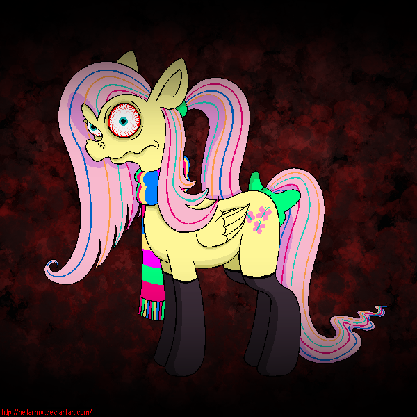 Size: 600x600 | Tagged: artist:hellarmy, boots, bow, clothes, derpibooru import, don't hug me i'm scared, fluttershy, hoof boots, insanity, scarf, semi-grimdark, shoes, solo, tail bow