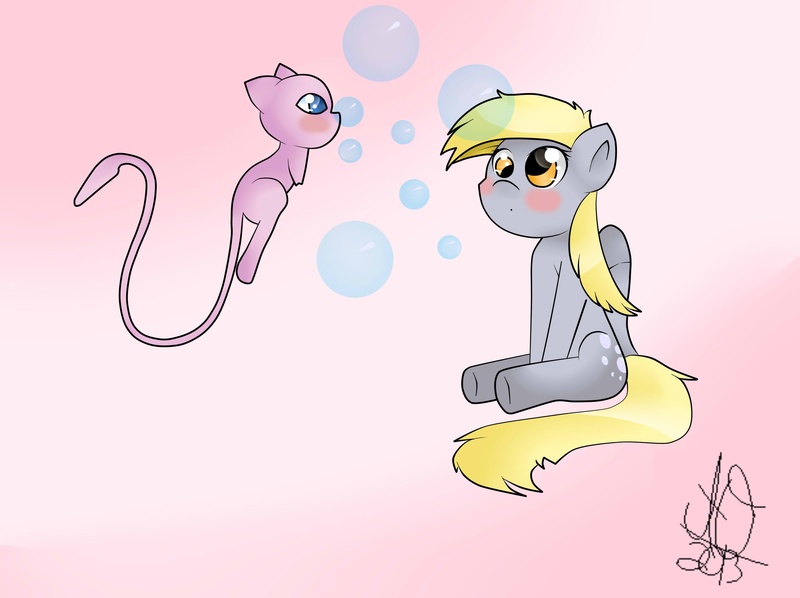 Size: 2592x1936 | Tagged: safe, artist:theratchetlover24, derpibooru import, derpy hooves, mew, pegasus, pony, blushing, bubble, crossover, cute, female, mare, nintendo, pokémon, video game